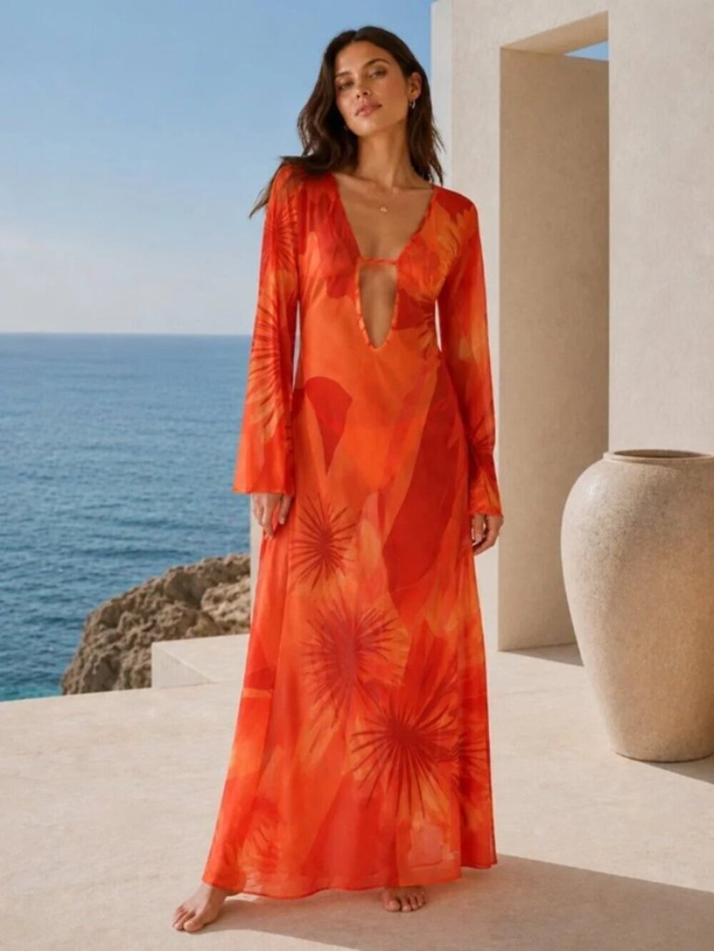 NWT Caroline Constas Orange Tropical Semi Sheer Mesh Maxi Cover Up Dress